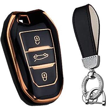 HIBEYO Smart Schlüsselhülle passt für Peugeot weich TPU Schutzhülle Autoschlüssel hülle für Peugeot 301-307-308 für Citroen C4L-C3-C5-XR für Opel Grandland X Schlüsselbund Schlüsselbox-Schwarz