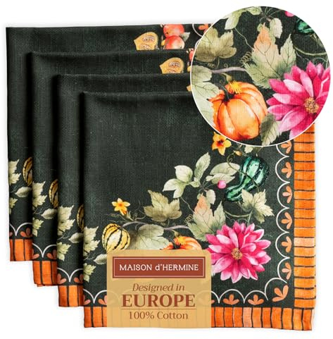 Maison d'Hermine Stoffservietten 100% Baumwolle (45 cm x 45cm, 4er-Set) | Wiederverwendbar, quadratisch, waschbar, ideal für Dinnerpartys, Thanksgiving und Weihnachten - Pumpkin Garden - Dark Green
