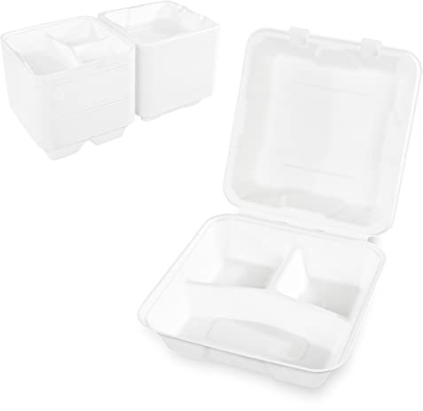 Hypafol Zuckerrohr Box 3-teilig 100 Stück I Formstabile Einwegschalen zum Verpacken von Essen I ökologisch, nachhaltig & 100% kompostierbar I 21x21x8cm I vielseitige To Go Menuebox aus Zuckerrohr