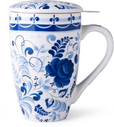 GBhome Tea Mug with Infuser and Lid, 18 Ounce Large Ceramic Loose Leaf Tea Cup, Microwave, Dishwasher Safe Tea Steeping Mug, Pefect Gift For Tea Lover.