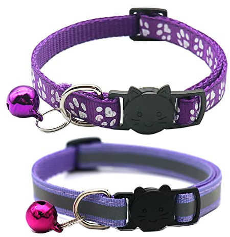 Hepplly 2-Pack Katzenhalsbänder Quick Release Reflective Kitten Halsband mit Glocke (Lila)