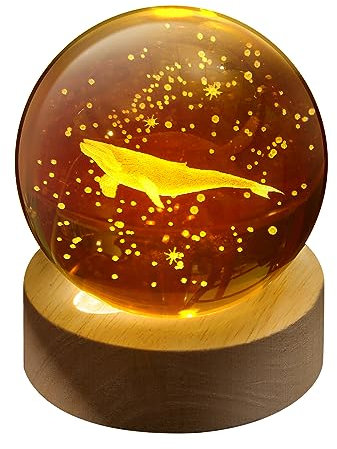 Sfera di cristallo con base in legno 3D sfera di cristallo notte luce ornamento inciso palla di vetro balena lampada modello per regalo di compleanno decorazione per la casa