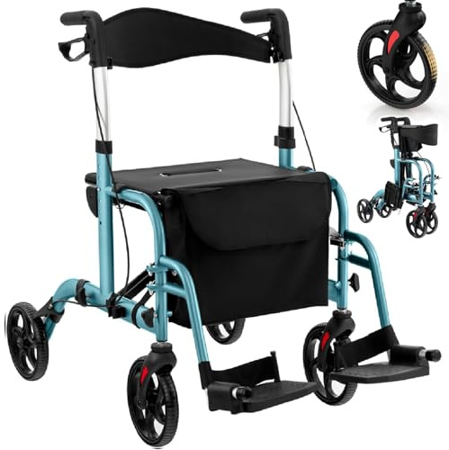 RELAX4LIFE Déambulateur 4 Roues, Déambulate Pliable Léger Aluminium, Poignée Réglable 85-98 CM, Dossier Réversible, Siège, Repose-Pieds, Porte-Canne, Rollator Adulte pour Agés Handicapés (Bleu)