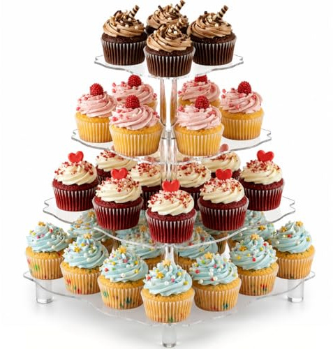 Goaste 4 Tier Acrylic Cupcake Tower Stand for 52 Cupcakes, 12 Inch Square Tower Cupcake Display Holder, Clear Dessert Pastry Tower with Rod Feet, Display for Wedding, Birthday Party, Baby Shower