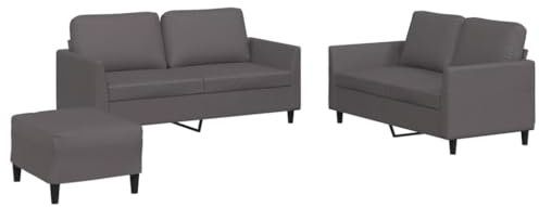 vidaXL Sofagarnitur 3-TLG., Sessel Couch mit Kissen Fußhocker, Sofa Wohnzimmersofa mit Armlehnen, Couchgarnitur Designsofa Sitzmöbel Polstermöbel, Grau Kunstleder