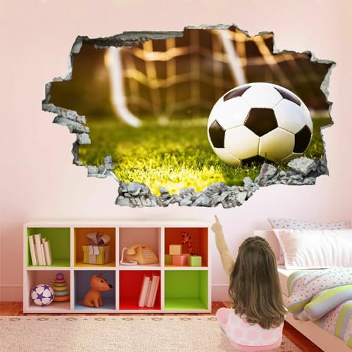 Wandbilder Wandtattoo 3D Fußball Wanddurchbruch Wandaufkleber Fußballfeld Fensterdeko Bilder Wanddeko Mädchen Aufkleber Selbstklebend Fenstersticker Wandsticker Kinderzimmer Deko 90x60cm