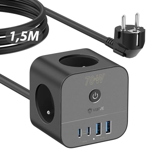 VEFVE Multiprise Cube 70W GaN Chargeur Rapide USB C, Rallonge Électrique avec Interrupteur, Compatible avec iPhone 17, Galaxy S26, MacBook, 1,5m, Noir