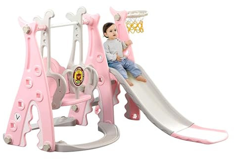 Set di scivoli per bambini 4 in 1, set di scivoli per bambini piccoli, set di altalena e scivolo con supporto per basket, scala di arrampicata, scivolo altalena, scivolo da giardino (rosa)