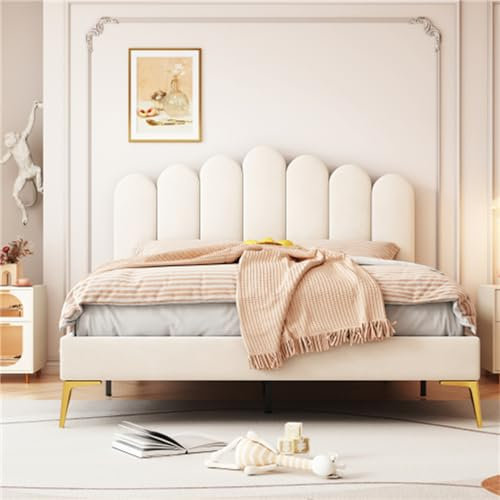 Gepolstertes Doppelbett 140 X 200 cm, Bettgestell Mit Verstellbarem Kopfteil Und Untergestell, Mit Lattenrost, Kiefer Massiv, Geeignet Für Schlaf- Und Gästezimmer(Color:Beige)