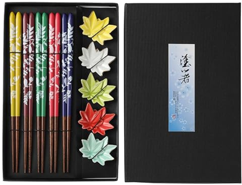 Lot de 5 paires de baguettes en bois avec repose-baguettes, baguettes à sushi en feuille d'érable avec boîte cadeau, baguettes réutilisables, couverts asiatiques avec 5 supports de baguettes en