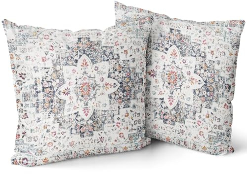 Boho-Kissenbezüge, grau, rosa, orange, dunkelblau, weiß, 60x60cm, Vintage, Boho-Blumen-Teppichmuster, orientalisch, 2 Stück, Gobelin, rustikal, für Kissen, Sofa, Außenbereich