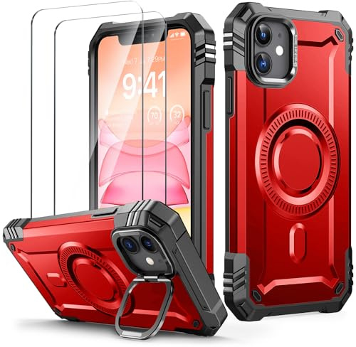 Lanhiem Cover per iPhone 11 / iPhone XR, per Magsafe con Supporto, Rosso | Protezione Completa del Corpo a 360°con 2 Vetro Temperato, Militare 14FT Antiurto Resistente, Custodia per iPhone 11 / XR