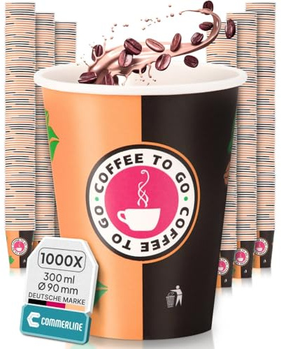 Commerline Kaffemugg To Go Pappe – 500 Stycken, 300 ml (12 oz) Stor Ø 90 cm | Engångsmuggar för Kaffe och Te | Engångsmugg att Ta Med | Pappersmugg för Varma och Kalla Drycker | Kaffekopp