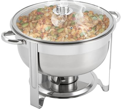 QUIOTUIR Chafing Dish - Aparador redondo de acero inoxidable 8,5 L con tapa de cristal, mango antiquemaduras y soporte de combustible para Potluck, fiesta, boda, cena, hotel