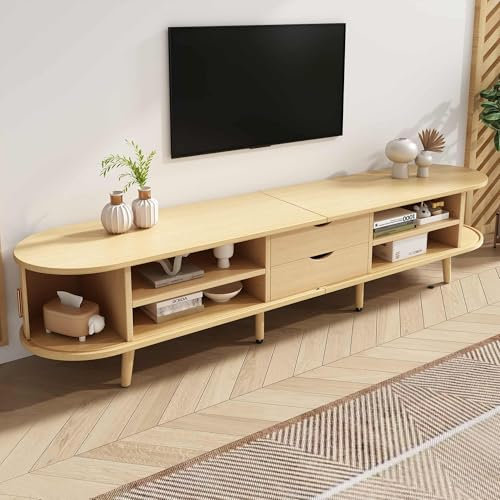 Meuble TV Meuble de Rangement 175 x 40 x 42 cm Moderne en Noyer Clair Mat avec Rangement, Design Ovale, Pieds Ajustables, Tiroirs et Portes Coulissantes