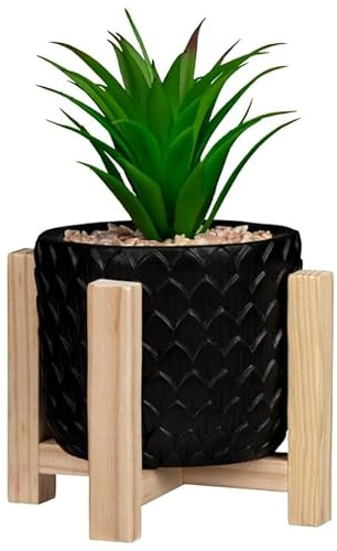 New Artificial Succulent Plant in Black Pot with Wooden Holder – For Home, Office, Shelf or Desk Decor – Decorative Mini Plant, Indoor/Outdoor A-154