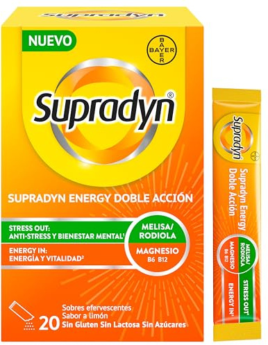 Supradyn Energy Doble Acción Stress Out - Multivitamínico con Magnesio, Vitaminas B6, B12, Ácido Fólico, Rhodiola y Melisa - Anti-estrés, Energía, Memoria, 20 Sobres Limón
