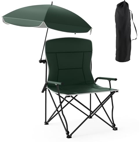 COSTWAY Camping Chair with Adjustable Umbrella, Outdoor Foldable Lawn Chair with Portable Carrying Bag, Padded Seat and Back, Heavy-Duty Collapsible Armchair Canopy Sunshade (1)