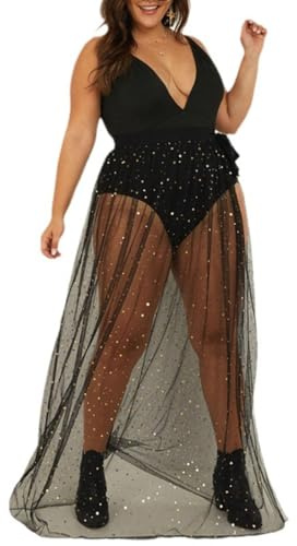 GNHG 2 en 1 Femme Jupe en Mesh Transparente Taille Haute élastique Jupe Maxi en Tulle à Paillettes,Robe de Plage Femme,Couverture de Bikini pour la fête d'été Noël Halloween