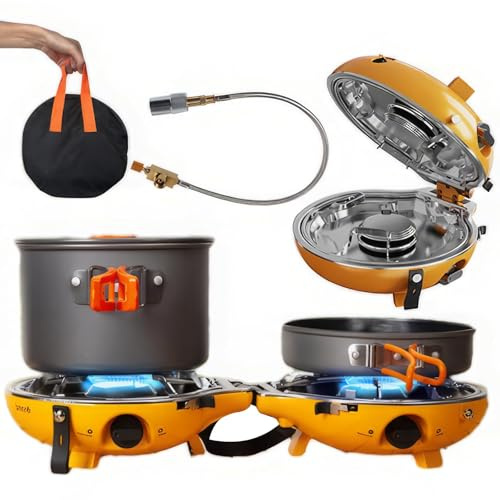 Camping Stove 2 Burner Portable Gas Grill 17000 BTU, Foldable with 2 Adjustable Burners & Piezo Ignition for Hiking, Camping, Trekking, Picnic