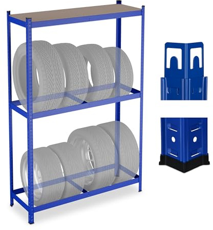 Relaxdays Reifenregal für 8 Reifen, HxBxT: 180 x 120 x 40 cm, 795 kg, Stahl, Stecksystem, Räderregal mit Ablage, blau