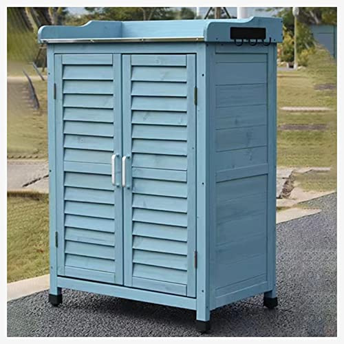 Tavolo da lavoro all'aperto e panca da vaso, capanno da giardino con ripiani, armadietto blu per esterni per patio e cortile, durevole ed elegante organizer da giardino