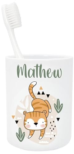 Gobelet/verre à dent en Plastique | Gobelet/verre Personnalisé avec Nom |Verre Plastique Incassable Personnalisé motif animaux (Tigre Mathew)
