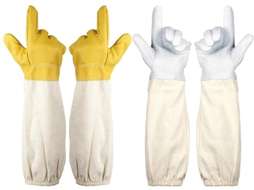 Kronabelle Weiß-Gelb, 2 Paar Imkerhandschuhe, Ziegenleder, verdickte Rückseite zum Schutz, flexibel und stabil, Bienenanzug-Zubehör