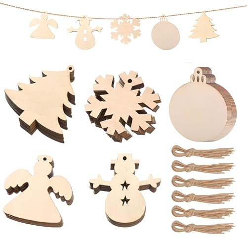 50 Stück Weihnachtsbasteln Kinder, Weihnachtsdeko, Holzanhänger Weihnachten zum Bemalen mit Juteseil, Weihnachtsbaum Deko Holz, Weihnachtsbasteln Kinder für Weihnachtsbaum DIY Dekoration