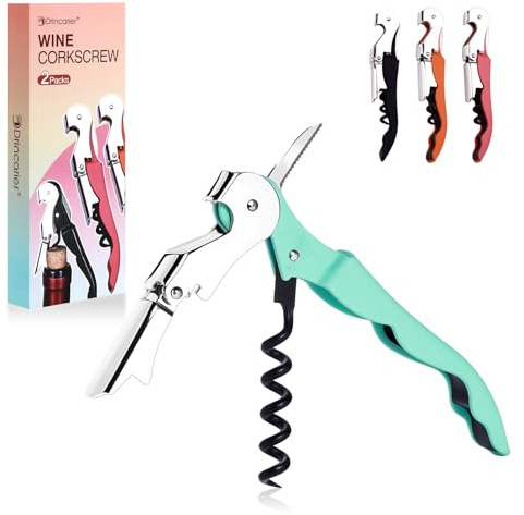 Soft Velvet Touch Waiters Double Hinge Corkscrew Wine Key Bottle Opener，Heavy Duty Waiter Corkscrew, Foil cutter and Bottle Opener,2-pack (2, Mint Green)
