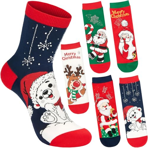 BRUBAKER 5 Par Julsockor för Damer - Jultomte, Ren & Isbjörn - Roliga och Mysiga Strumpor för Julen - Färgglada och Värmande Sockset - Perfekt Present för Kvinnor & Flickor - Storlek 30-35