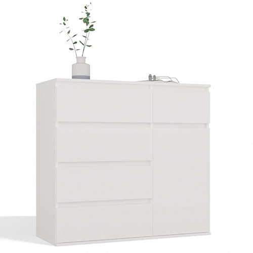 CDF Kommode 1D5S großes Sideboard mit 1 Tür & 5 Schubladen Moderne Aufbewahrungskommode für Wohnzimmer Schlafzimmer Büro grifflose Fronten viel Platz für Kleidung Dokumente Weiß Matt 100 x 93 x 40 cm