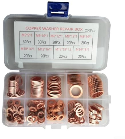Set di guarnizioni in rame, piatte per kit assortito di guarnizioni ad anello, in scatola di immagazzinaggio per riparazioni industriali, automobilistiche e di elettrodomestici, assortimento da 150
