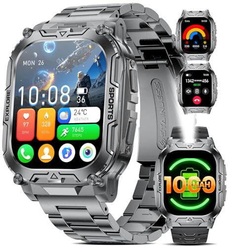 Smartwatch Herren Militär-1000mAh/2.01'' HD Große Display/LED-Licht,2 Armbändern/Fitnessuhrmit Taschenlampe/120+ Sportmodi,Fitnessuhr mit Herzfrequenz/Schlafmonitor,für Android iOS, Schwarz