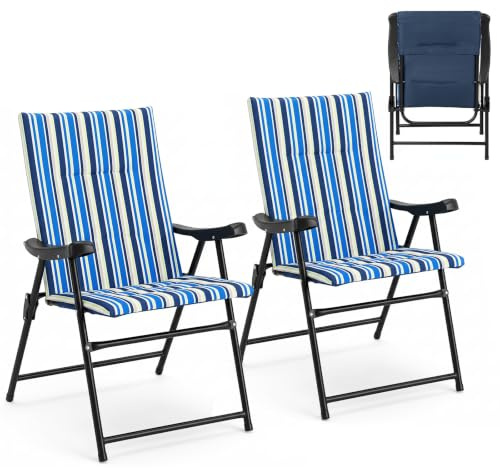 COSTWAY Lot de 2 Chaises de Plage Pliable, Chaise Pliante Camping Légère en Métal, Siège Rembourré, Tissu Polyester, Dossier Haut, Fauteuil Exterieur pour Pêche Pique-Nique Jardin, Charge 150 kg