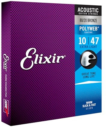 Corde per chitarra acustica bronzo 80/20 Elixir Strings con rivestimento POLYWEB, Extra Light (.010-.047)
