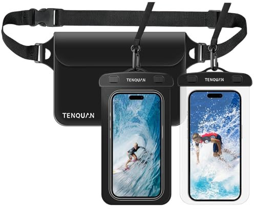 TENQUAN Waterproof Phone Pouch Waterproof Bag, 2 Cellphone Dry Case with Lanyard and 1 Pouch Dry Bag with Waist/Shoulder Strap, Watertight Sealed Underwater for Swimming Boating Bath Fishing Black