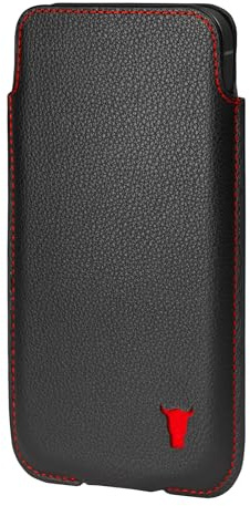 TORRO Leather Pouch Case Compatible with iPhone - 6.1 Inch Screen Size - Genuine Leather Pouch Cover, Slim and Lightweight (Black with Red Detail)