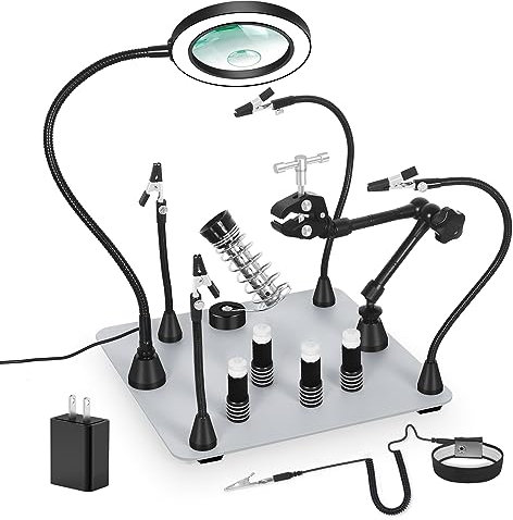 Magnetische helfende Hand, Lötende helfende Hände,4 PCB Säulen Leiterplattenhalter mit flexiblen Metallarmen Antistatik-Armband Heavy Duty Base Elektronisches Reparaturwerkzeug