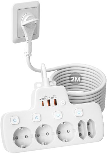 Multiprise Extra-Plate 5 Prises,Multiprise Electrique avec Interrupteur Individuel,PD20W Prise Multiple Murale Fiche Plate Adaptée à Prise Plate Derriere Meuble,Sécurité Enfant,Rallonge 2M,Blanc