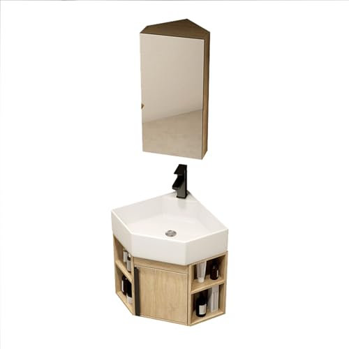 YYUINU Lavandino da Bagno Ad Angolo, Mobiletto da Bagno Ad Angolo con Lavabo in Ceramica e Specchio, Set di Mobiletti per Lavabo da Bagno A Parete, per Spazi Ridotti, Large