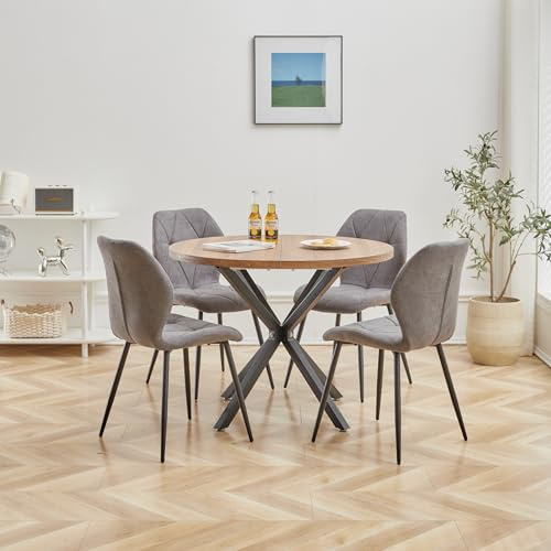 DEYARNA HOME Set Sala da Pranzo, Tavolo da Pranzo Rotondo da 100 cm con 4 Sedie da Pranzo in Tessuto di Lino， Ideale per Cucina, Soggiorno, Sala da Pranzo (Legno Scuro+LX-Grigio)