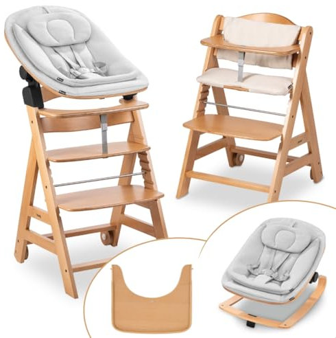 hauck Hochstuhl Beta+ Newborn Set Eco Bouncer - mitwachsender Holz Babyhochstuhl ab Geburt, inkl. Neugeborenenaufsatz, Sitzpolster und Essbrett - Natural