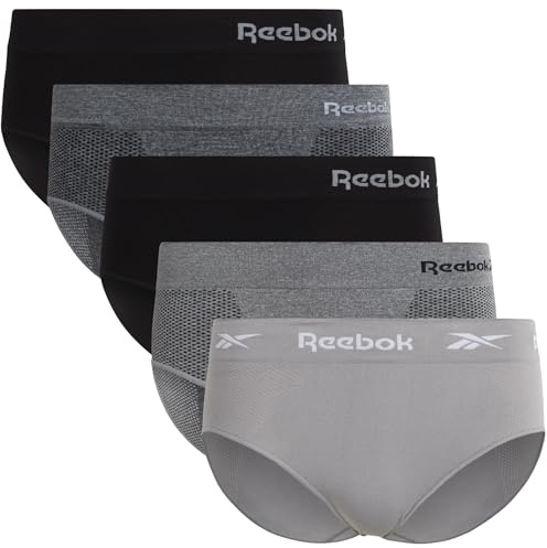 Reebok Hipster Panties for Women - 5 Pack Stretch Performance Seamless Underwear with Relaxed Tagless Waist (S-XL), Size Small, Black/Charcoal/Heather Grey Melange/Black/Steel Grey