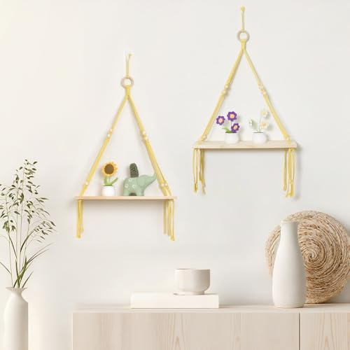 LB Boho Macrame Wall Hanging Shelf Set of 2- Yellow Macrame Wall Decor- Bohemian Wooden Display Floating Shelves with Handmade Woven Rope for Plant- Macrame Tapestry for Living Room Bedroom