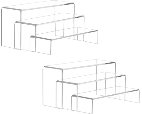 CafullCon 6pcs Display Stand, 3 Sizes Clear Rectangular Tiered Display Stand, Acrylic Display Risers for POP Figures, Cupcake Dessert Stands Showcase Shelf for Jewelry Perfume Collectibles Decorations