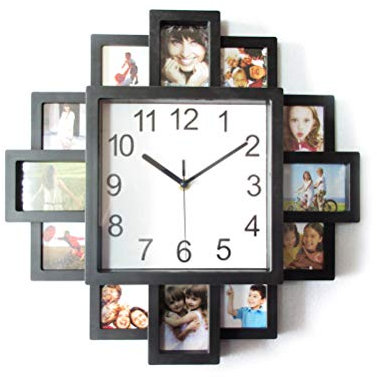 Cocoarm Orologio da Parete con Display per Foto, Orologio da Parete Decorativo con Cornici per Foto, Design Elegante per Camera da Letto e Soggiorno, Materiale ABS Liscio 15.2 X 15.2 (BLACK)