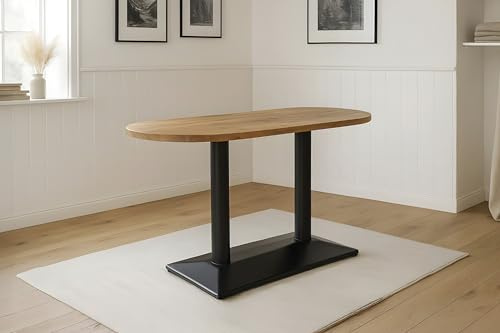 SAM Bistrotisch Emilian | 110 x 50 cm | Akazienholz massiv | Farbe: Natur | ovale Form | schwarzes Doppel-Säulengestell aus Metall