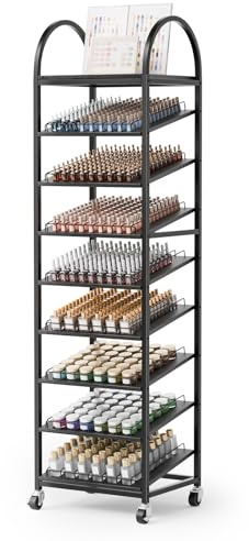 OmySalon Rolling Nail Polish & Powder Display Stand - 8 Tier Mobile Nail Salon Organizer Rack with Wheels, Holds 600 Bottles & 240 Jars for Nail Artists, Salon Display, Retail Store (Black)