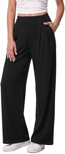 Litherday Pantalones Mujer Rectos Cintura Alta Elásticos con Bolsillos Pantalón Fluido Cómodo Oficina Casual Pierna Ancha Elegante Negro M